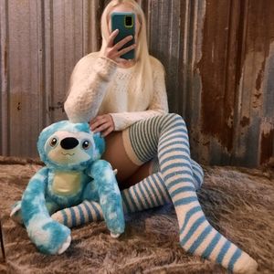 Fleece Thigh High Aqua & White Socks